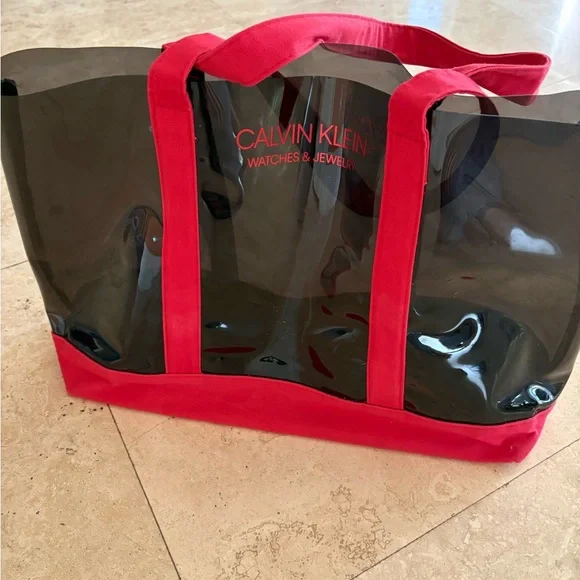 Calvin Klein Black Patent Tote with Red Handles and Base - Picture 5 of 7